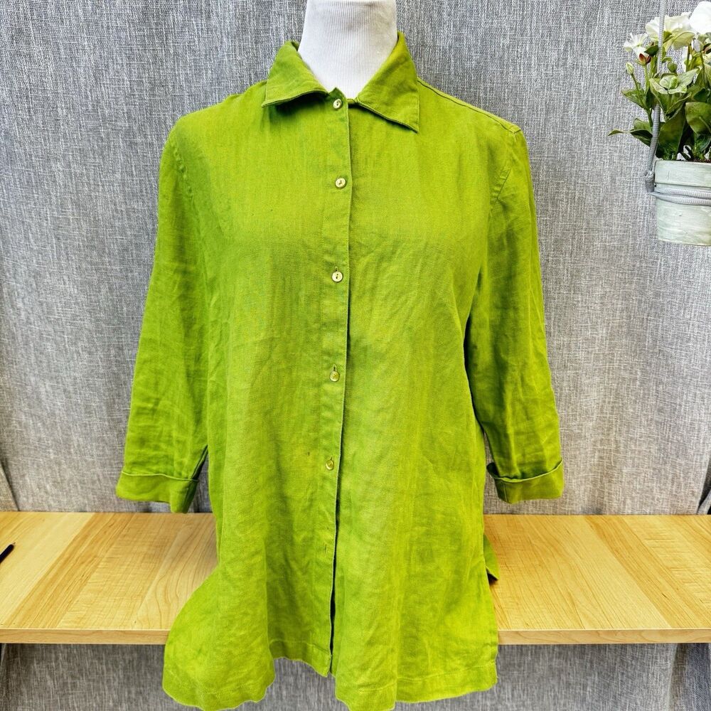 Goodclothes Women's 100% Linen Green Button Up Shirt Long Sleeves Medium